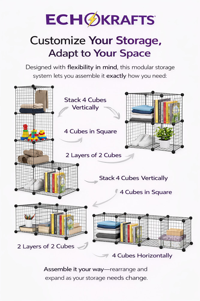 Cube Storage Organizer 4 - Wire Grid Closet and Shelves, Stackable Storage Bin