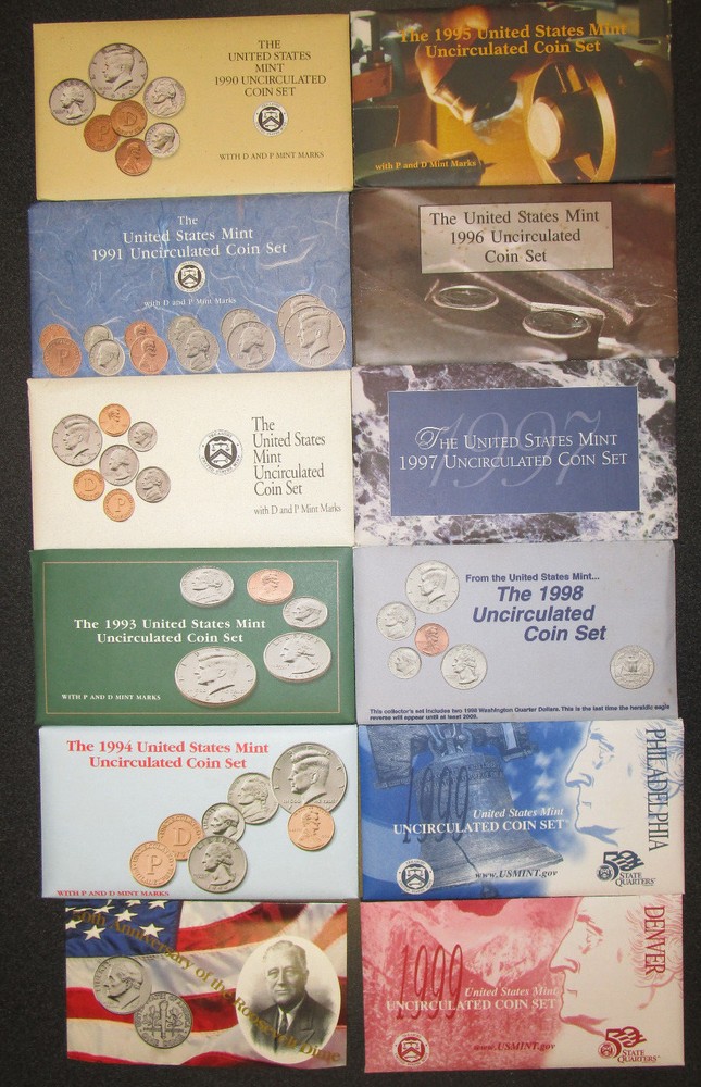Mint Sets 1990 1999 (10 sets Both Mints) PLUS Bonus Coin 1996 W Dime