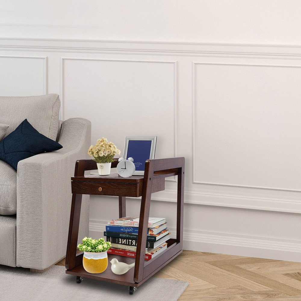 Walnut Retro Wood End Table, 2-tier Side Table, Storage Couch Table with Wheels