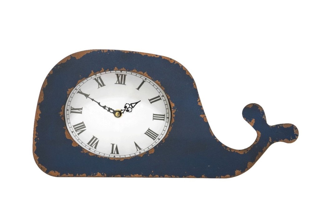Navy Blue Whale Metal Clock Shelf / Table Clock Home Decor Coastal Fish Theme