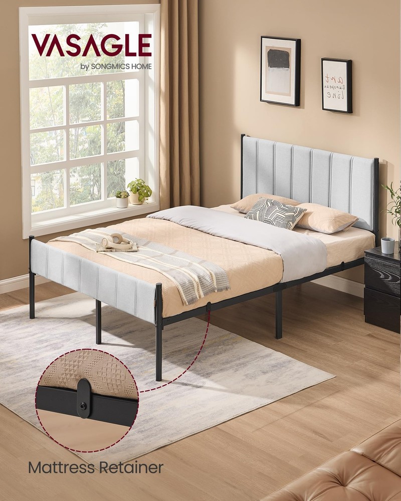 Full Bed Frame with Upholstered Headboard, Metal Bed Frame Full Size with Foo...