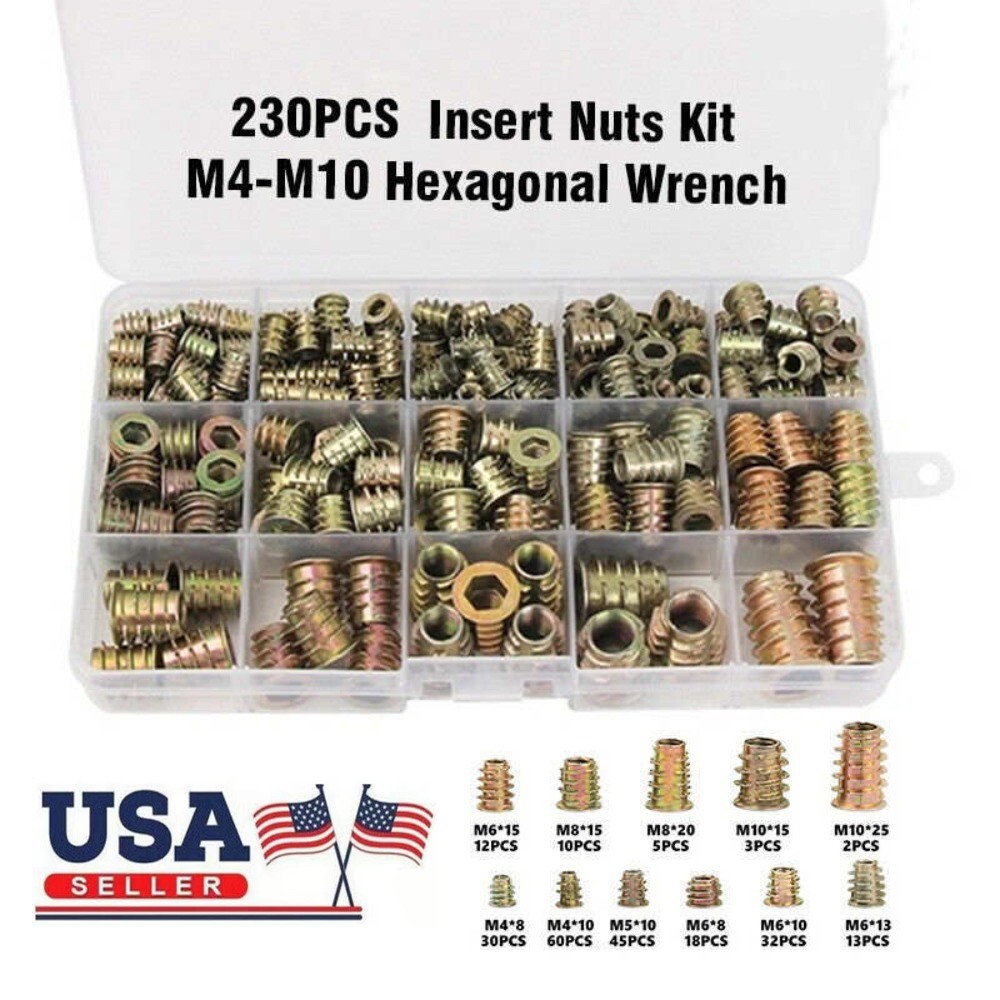230PCS THREADED HEX DRIVE INSERT FIXING WOOD SCREW INSERTS NUTS M4/M5/M6M8/M10