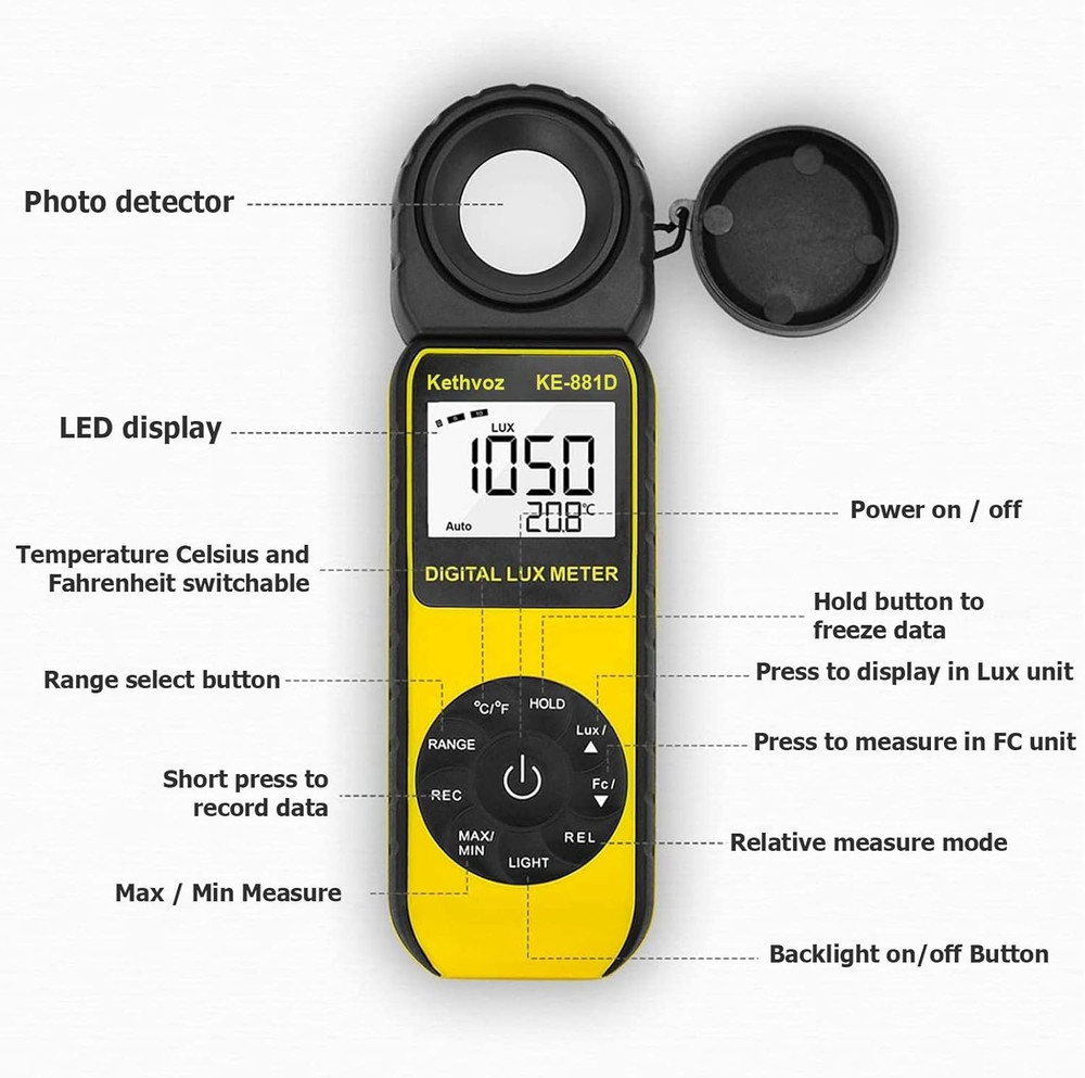Light Meter Lux/Foot Candle , 881D Digital Illuminance Meter with Data Logging,