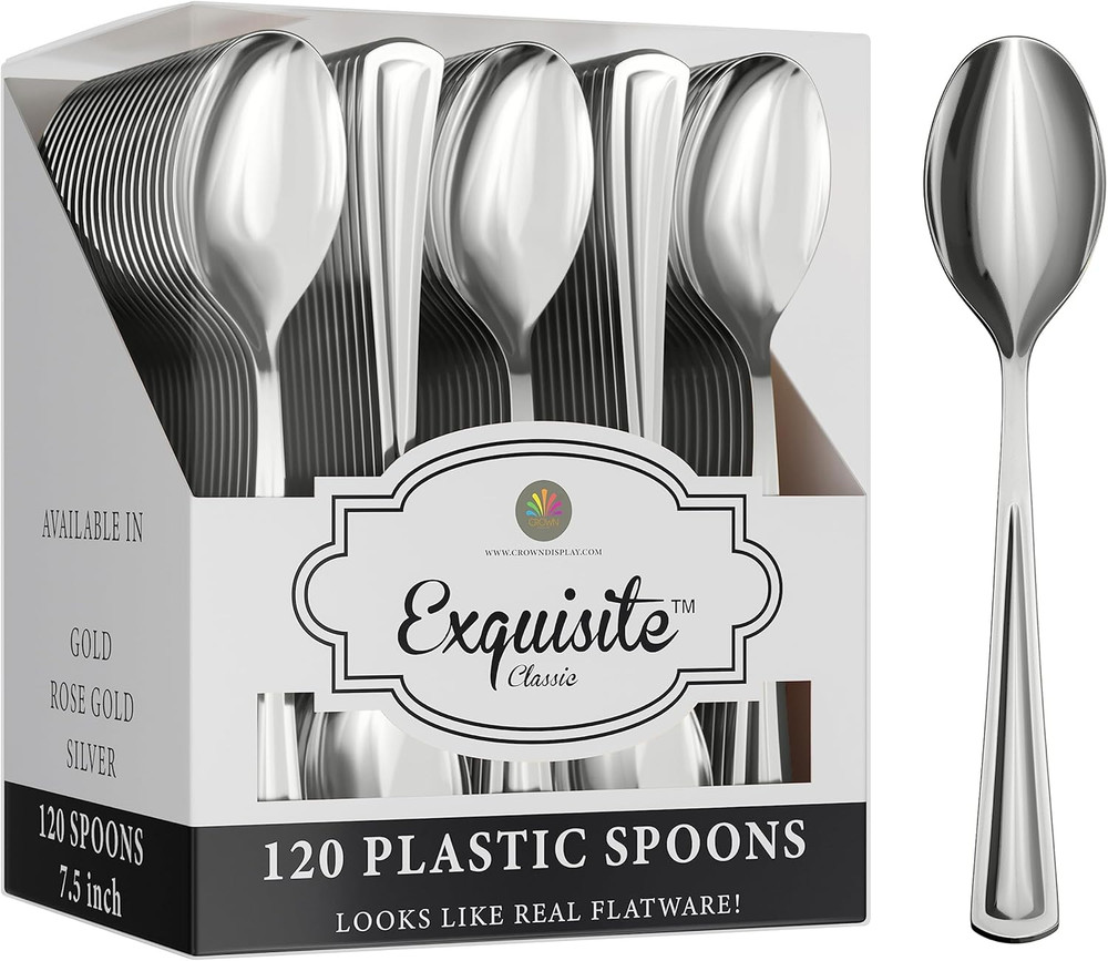 Exquisite Silver Plastic Spoons Heavy Duty 120 Pieces Silver Plastic Silverware