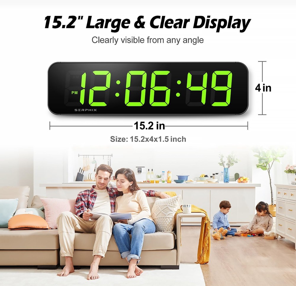15.2" Large Digital Wall Clock with Seconds, App & Remote Control, Customizab...