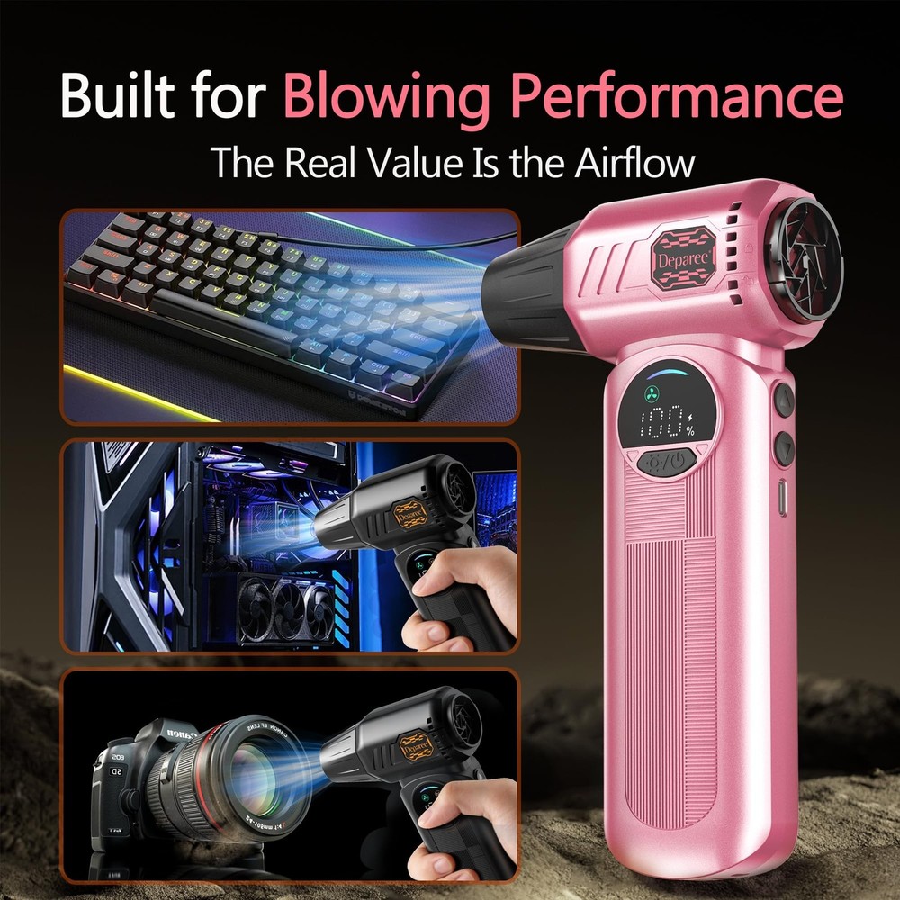 Air Duster, Compressed Air Duster Pink, Rechargeable Cordless with Adjustable...