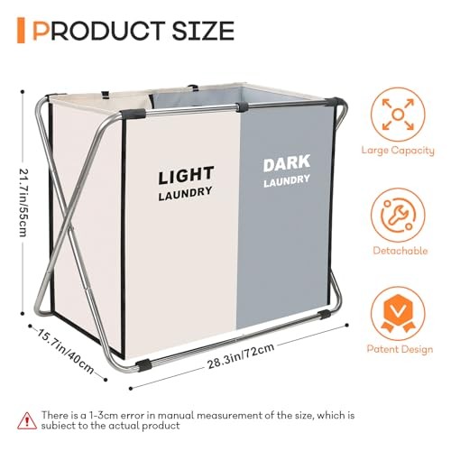 Laundry Cloth Hamper Sorter Basket Bin Foldable with 2 Sections White+gray