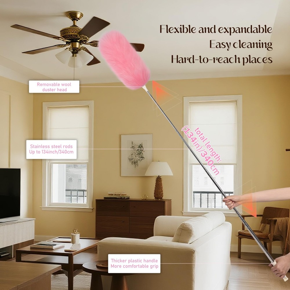 Extendable Lambswool Duster Stainless Steel Handle 133" Removable Feather Dus...