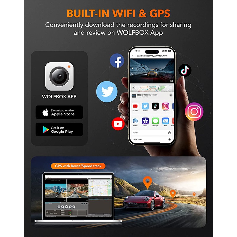 WOLFBOX G840H 12'' Mirror Dash Cam 2.5K+1080P With WiFi, GPS, Loop Recording