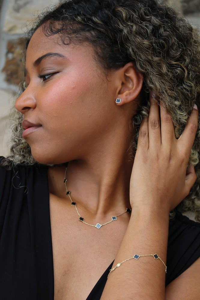 14K SOLID Gold Black Enamel Clover Studs, Push Back Earrings Enamel Studs 4 Leaf