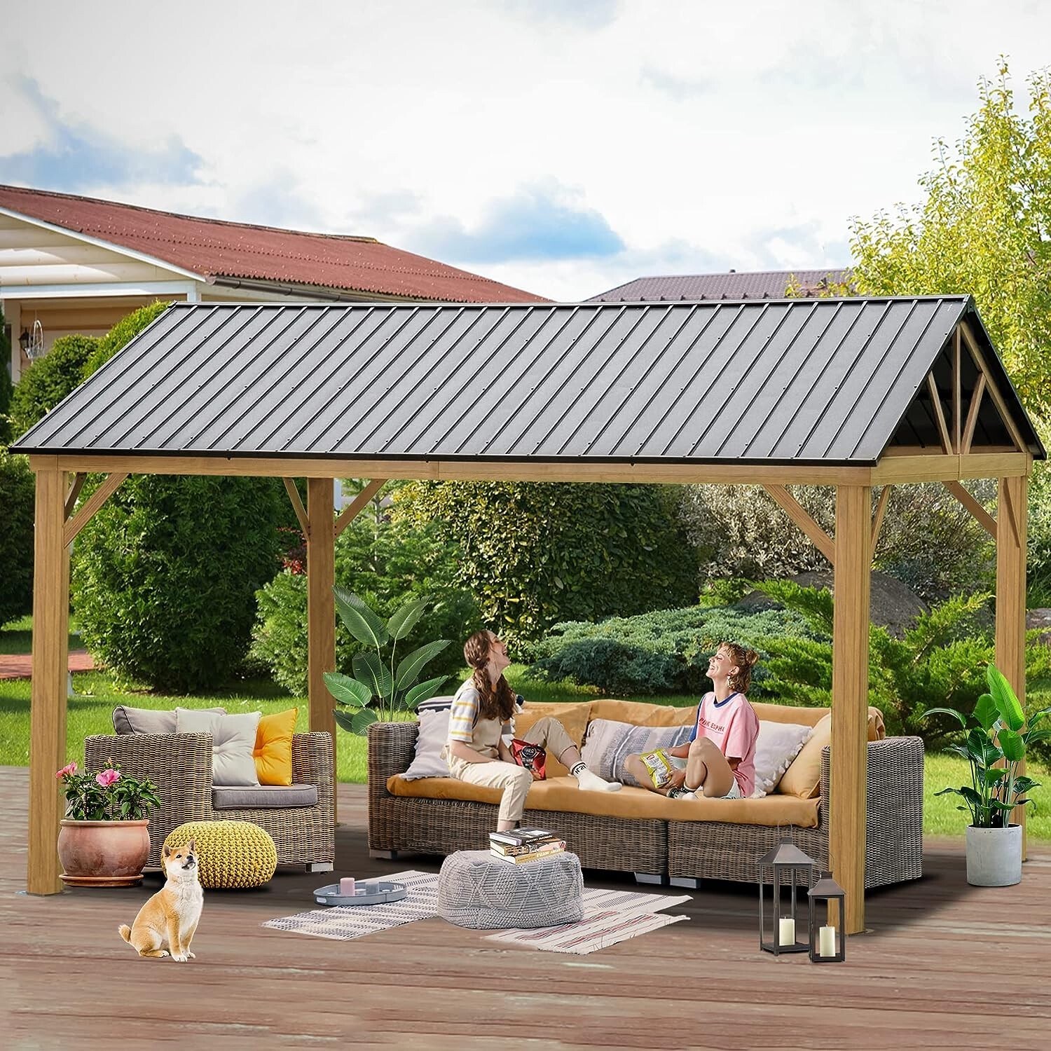 Domi 12' x 14' Outdoor Hardtop Gazebo w/Galvanized Steel Canopy(Wood Looking)