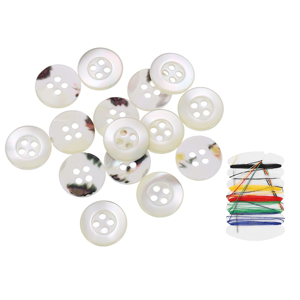 15Pcs 4 Hole 12.5mm Natural Shell Button with Sewing Thread Kit, White/Black
