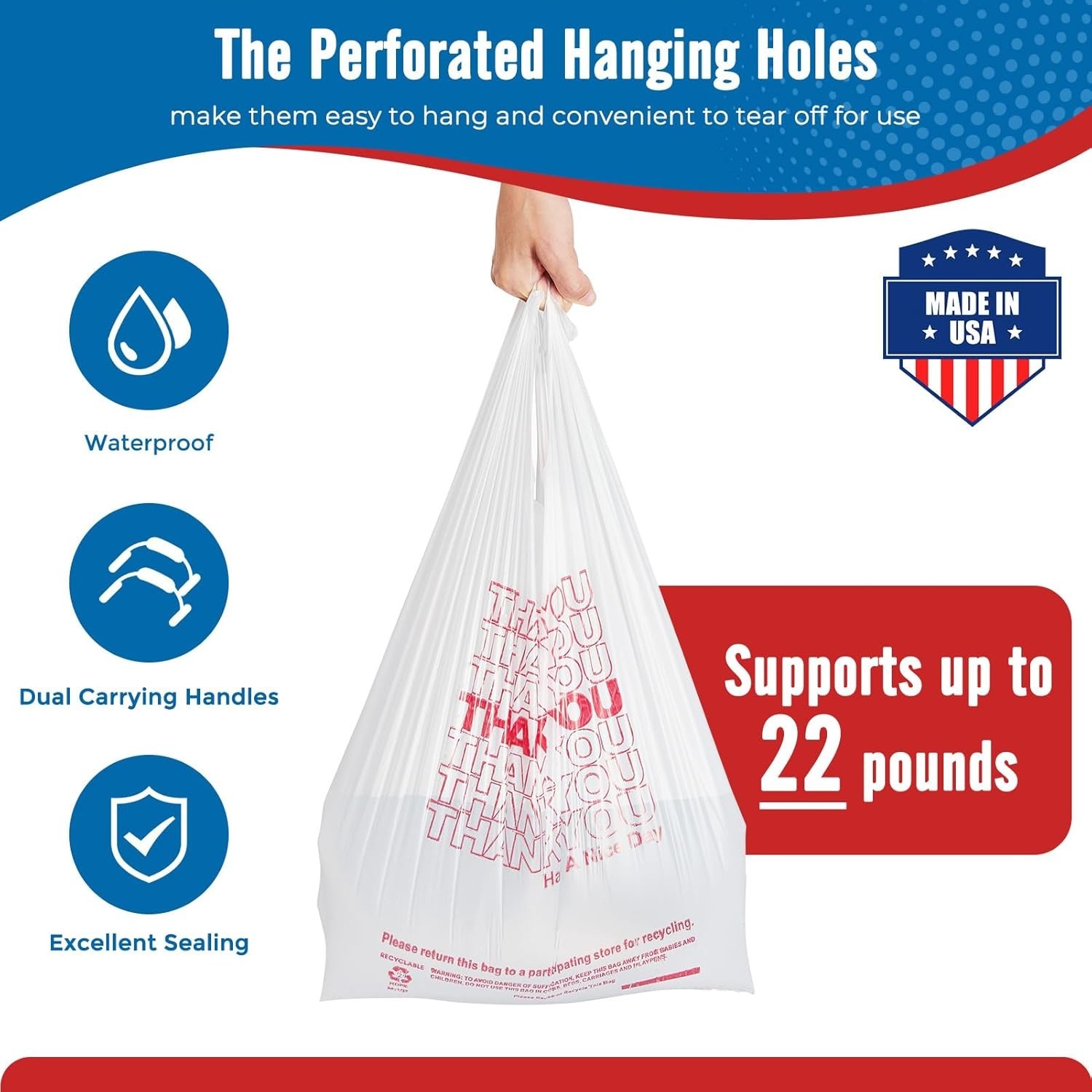 1000-2000 Thank You T-Shirt Bags 12" x 6.5" x 21", Plastic Grocery Shopping Bags