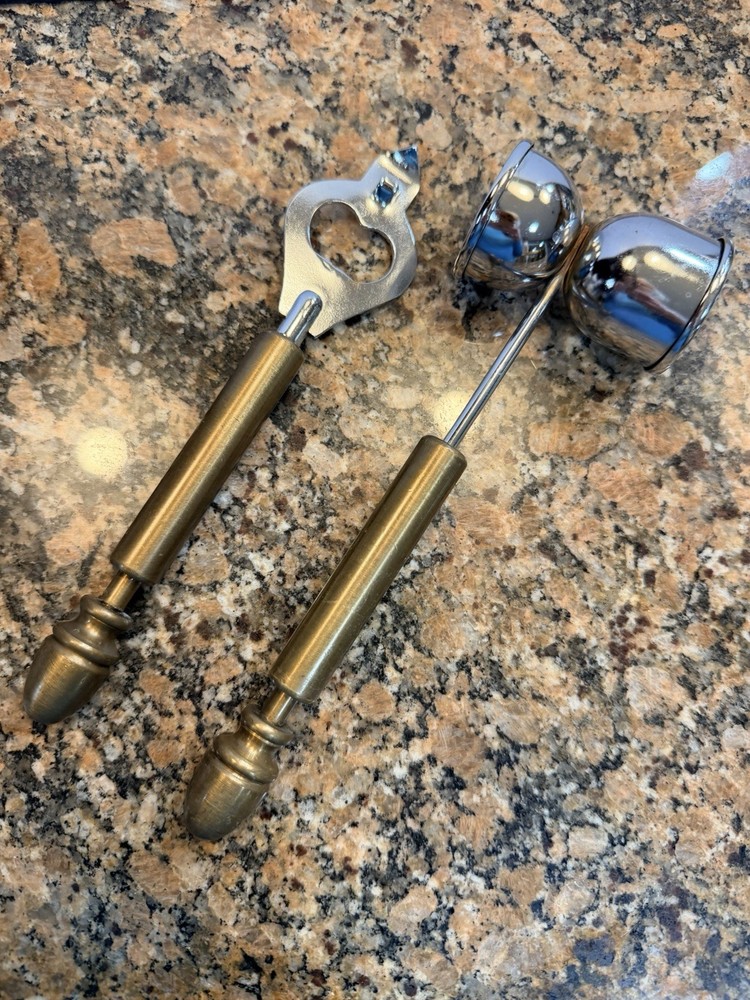 Vtg Brass handled bar tools— double sided jigger & bottle opener 2 pc set