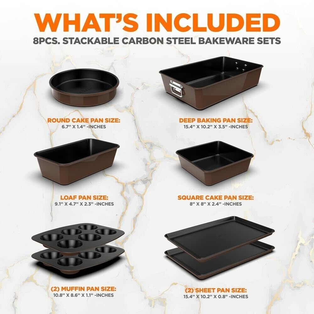 NutriChef 8pcs. Stackable Carbon Steel Bakeware Sets Non-Stick Coating (Brown)
