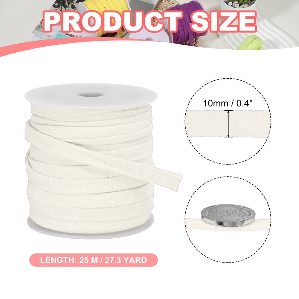 Flat Drawstring Cord 10mm x 27 Yd, Replacement Flat Rope with Ruler White