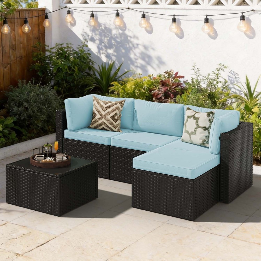 3-Piece Black Rattan Conversation Set Sofa Ottoman Table Blue