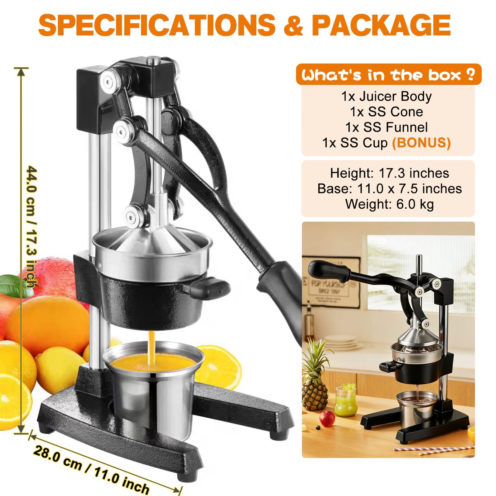 Heavy-Duty Cast Iron Orange Juicer Commercial Manual Press Citrus Squeezer