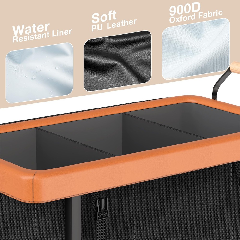 60 Gal (230L) Laundry Hamper 3 Section with Lid, Leather Patchwork Laundry So...