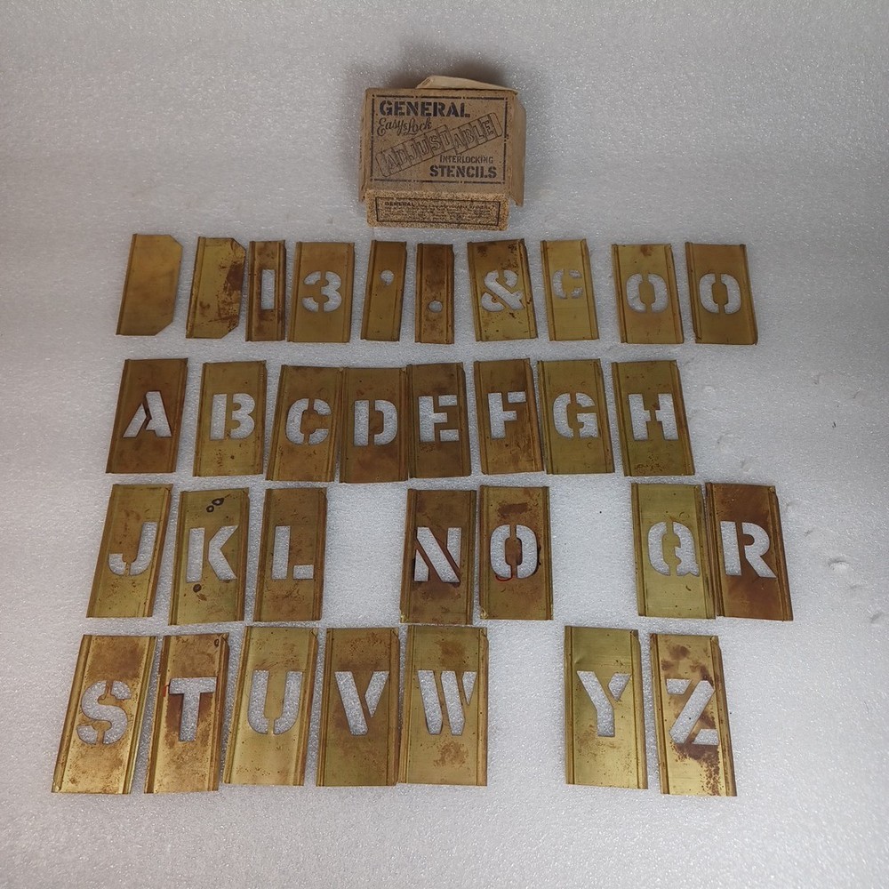 General Adjustable Interlocking Brass Stencils  1” INCOMPLETE W Box