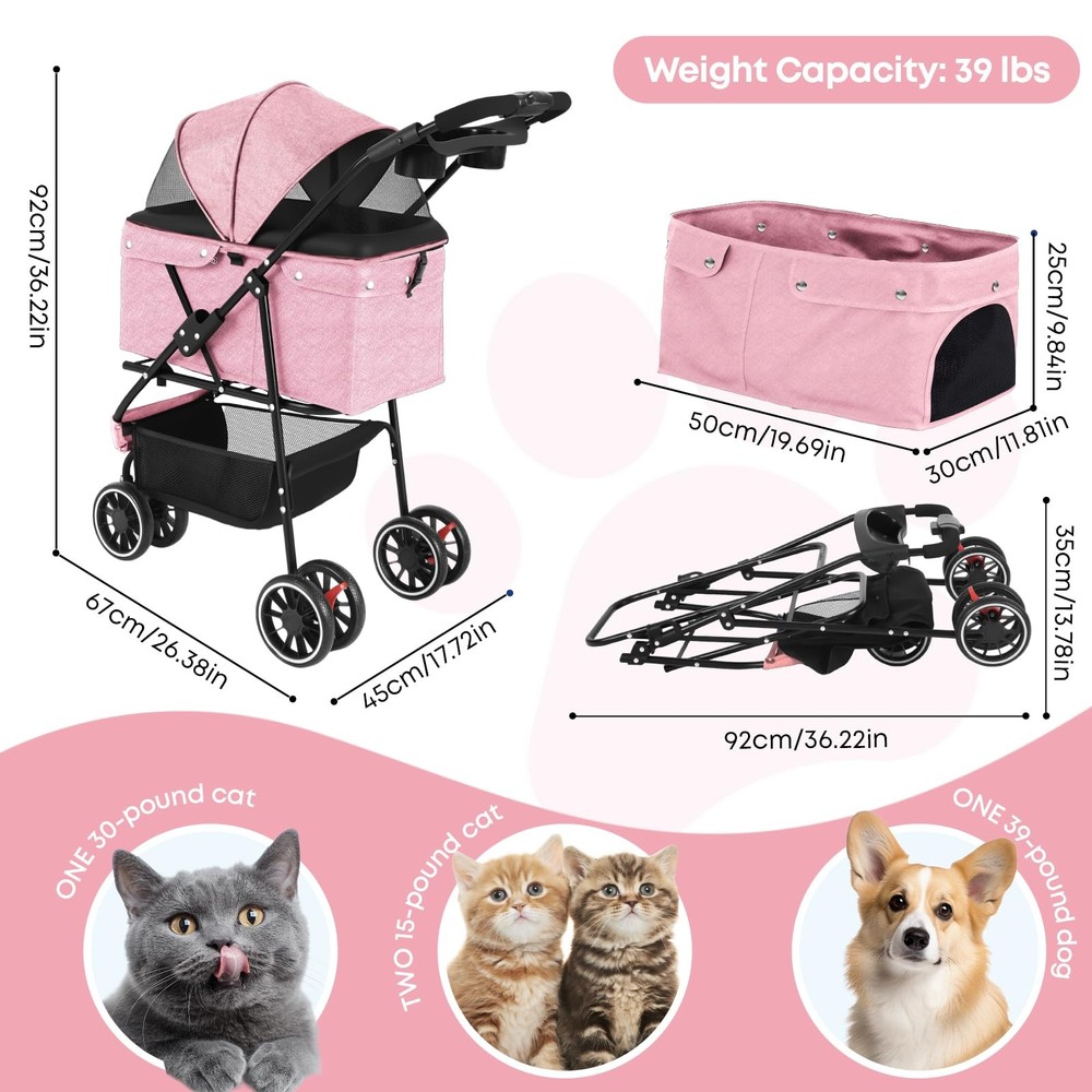 Pet Stroller,Dog Stroller for Small Medium Dogs Cats,3 Wheels,Foldable,with B...