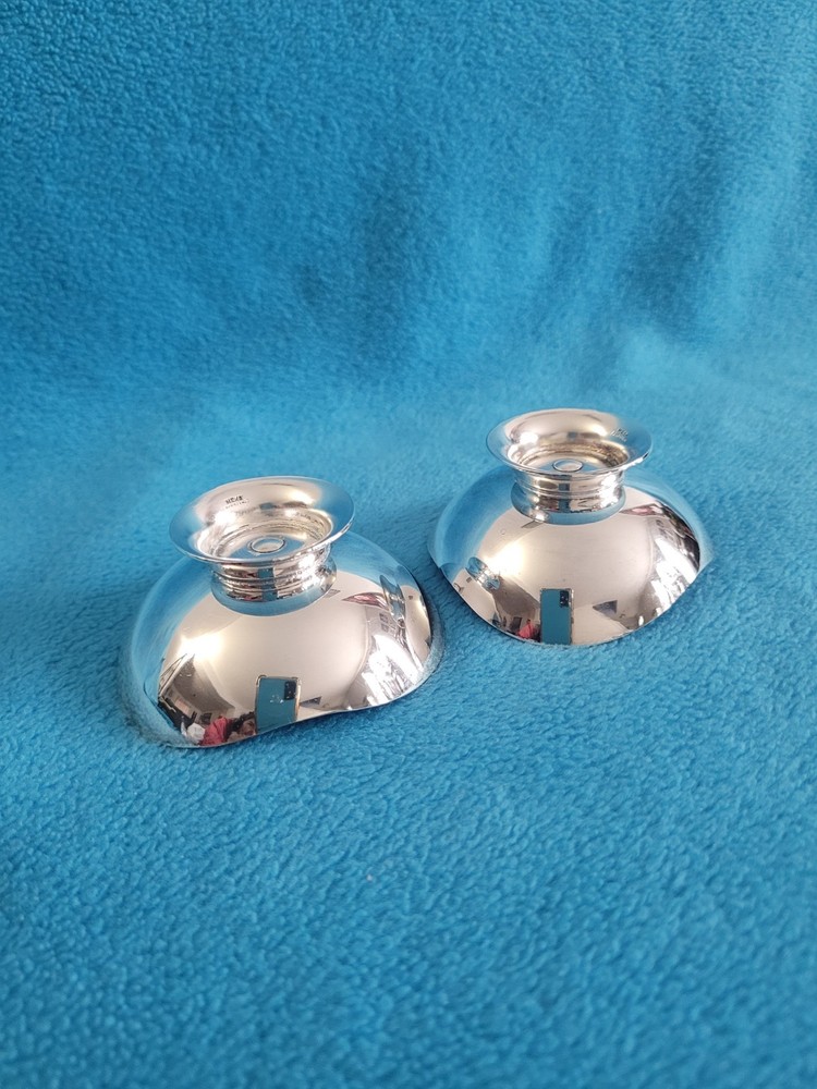 2 Vintage MEKA MADE IN DENMARK Blue Enamel Silver Plated Candleholders