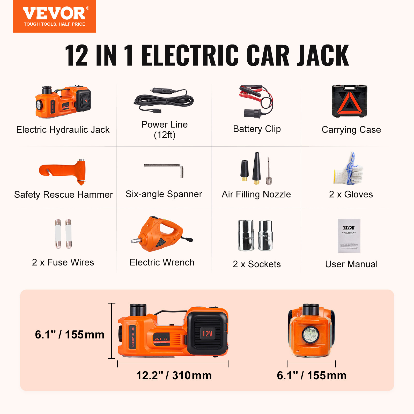 VEVOR 5 Ton 12V Electric Hydraulic Car Floor Jack w/Impact Wrench Inflator Pump