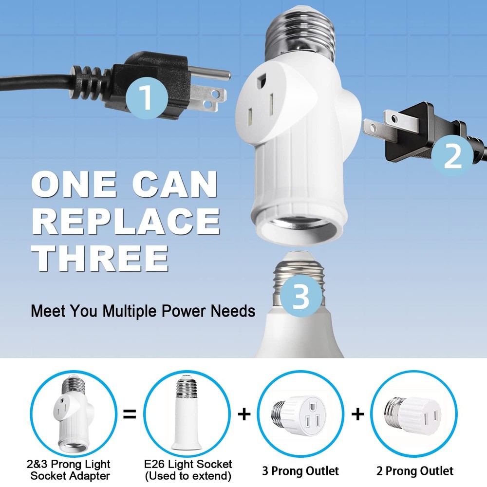 Light Socket to Plug Adapter 2 Pack, 23 Prong Light Bulb Outlet Socket Adapte...