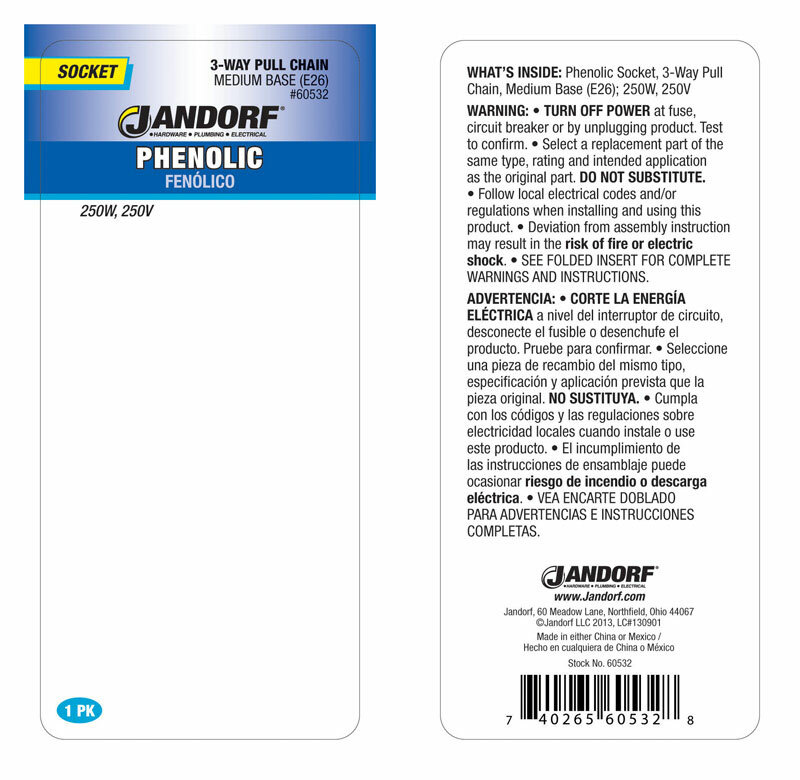 Jandorf PHENOLIC Medium Base (E26) 3-Way Pull-Chain SOCKET 1 pk Smooth Top 60532
