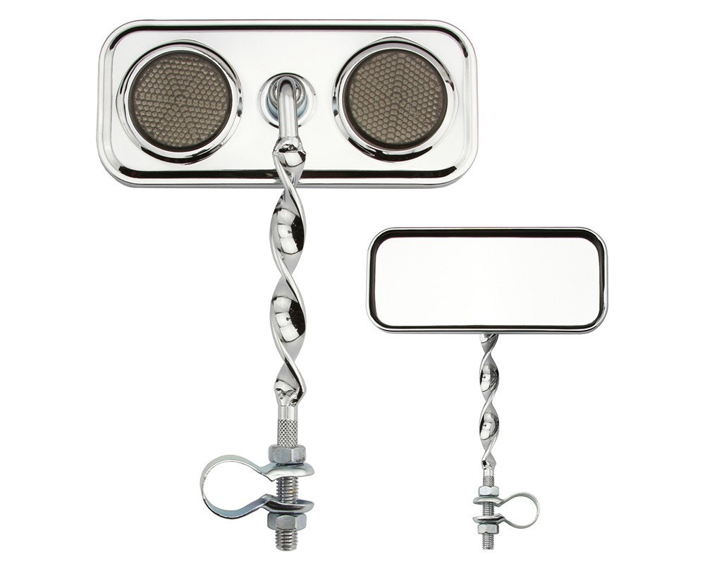 Bike Two Rectangle Flat Twisted Mirror Chrome Black Reflectors.