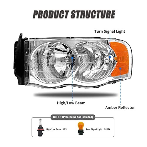 Headlight Assembly Compatible with 2002-2005 A-Chrome Housing Amber Reflector