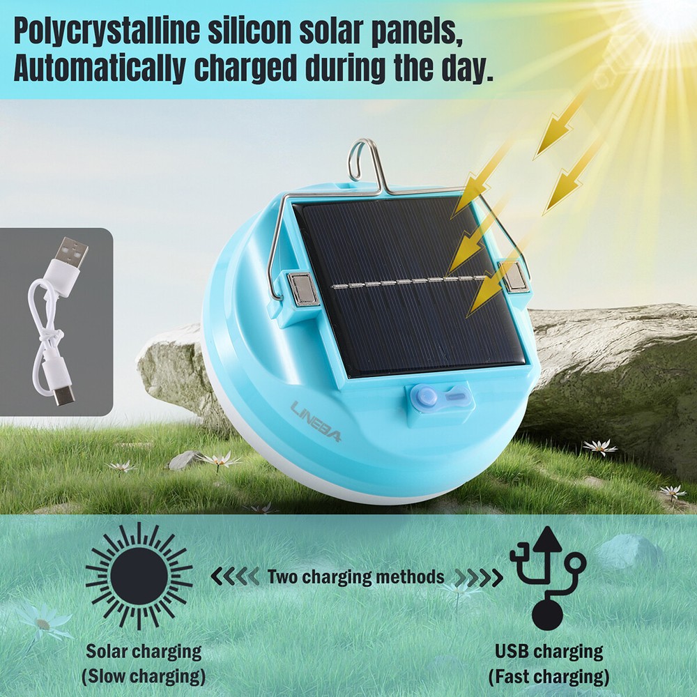 Solar Portable Rechargeable LED Camping Lantern Flashlight Torch Lamp Waterproof