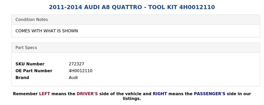 2011-2014 AUDI A8 QUATTRO - TOOL KIT 4H0012110