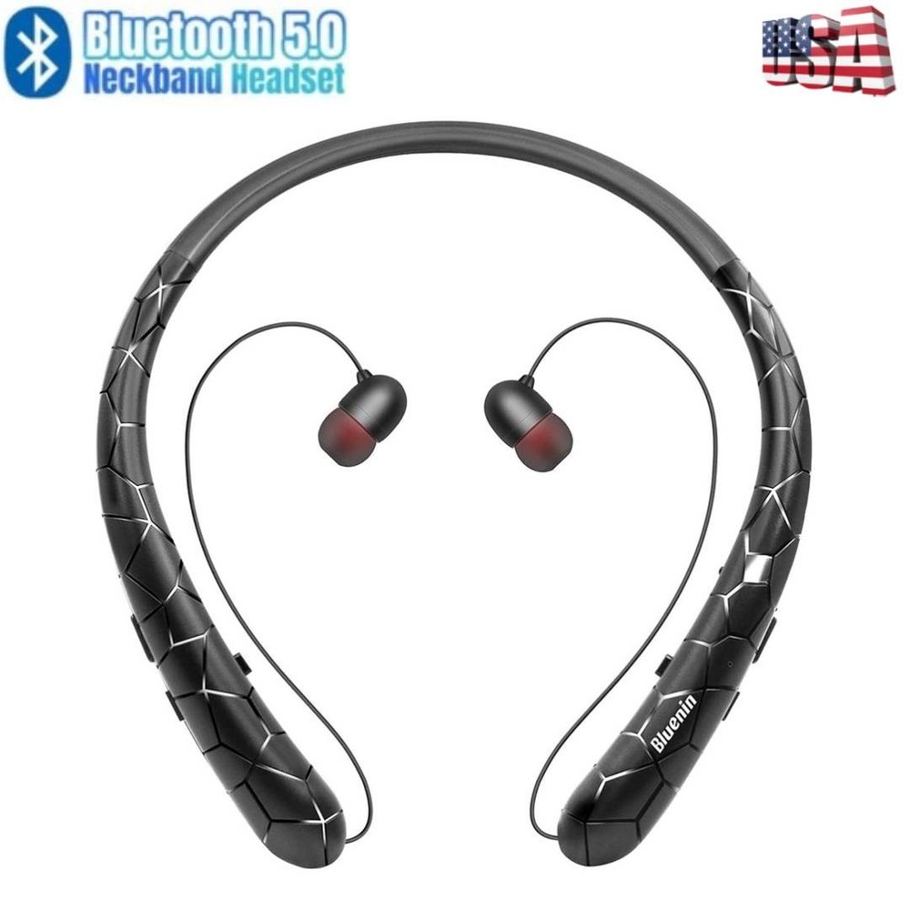 Bluetooth Neckband Headset Noise Cancelling Retractable Earbuds Wireless Speaker