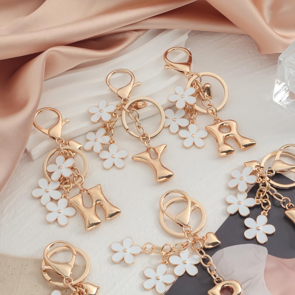 Bubble Initial Keychain Cute Flower Charms Keyring for Handbag