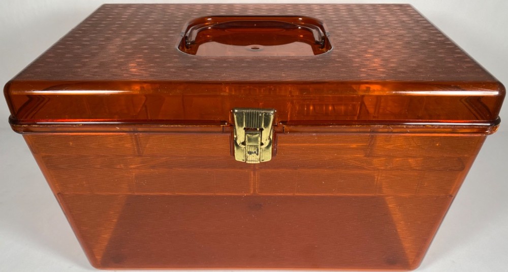 VINTAGE 1960s TRANSLUCENT AMBER ORANGE PLASTIC HINGED TWO TRAY STORAGE BOX