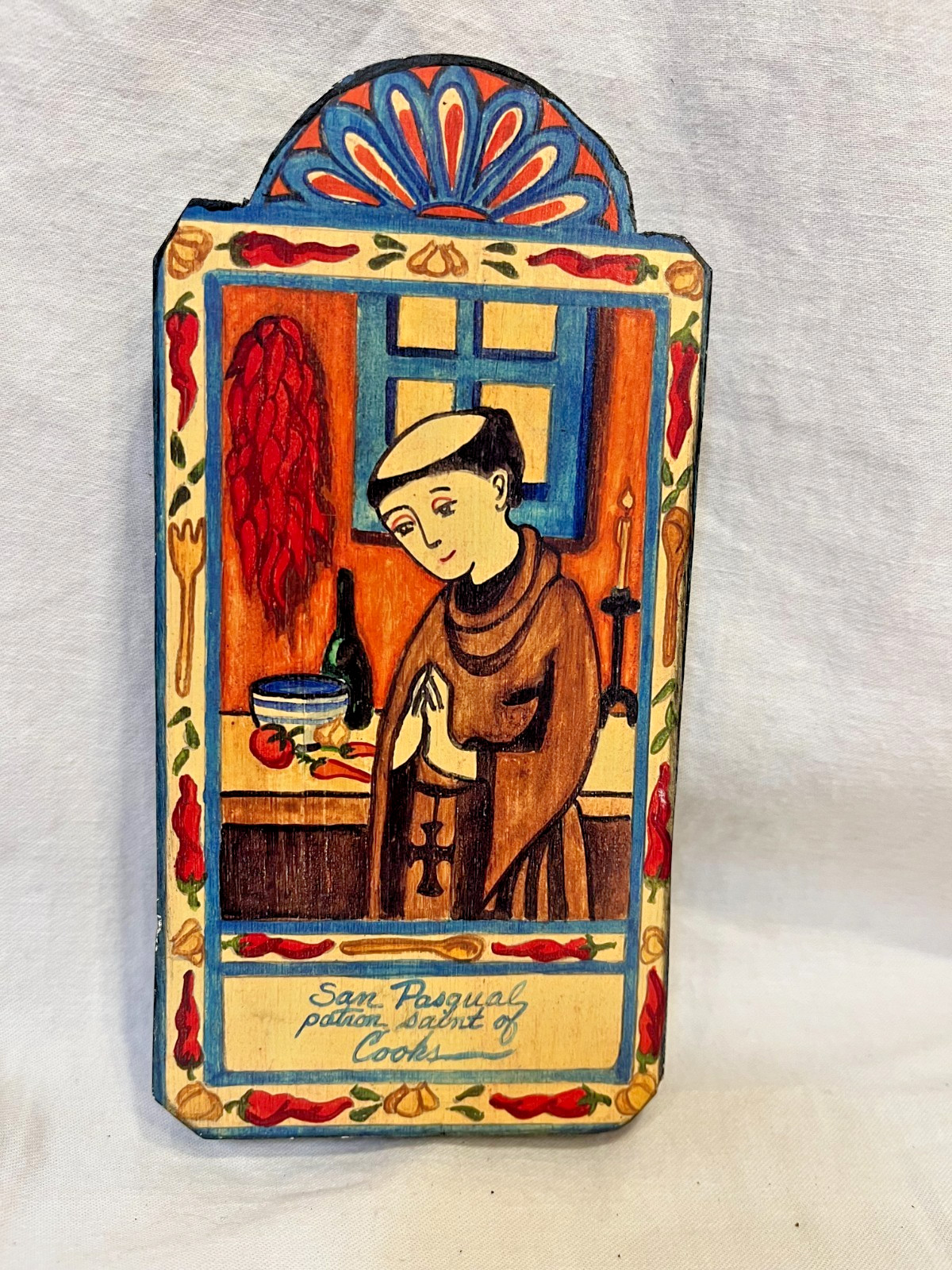 Handcrafted San Pasqual, Patron Saint of Cooks, Wood Retablo, 7" x 3.5"