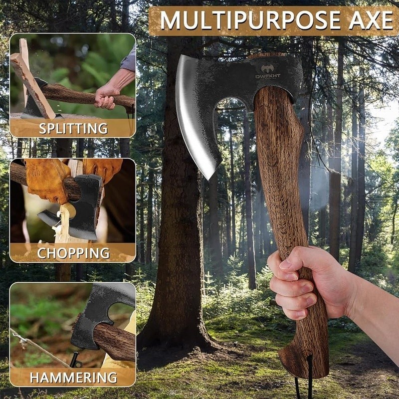 Multipurpose Camping Hatchet Durable Axe W/ Beech Wood Handle & Sheath New