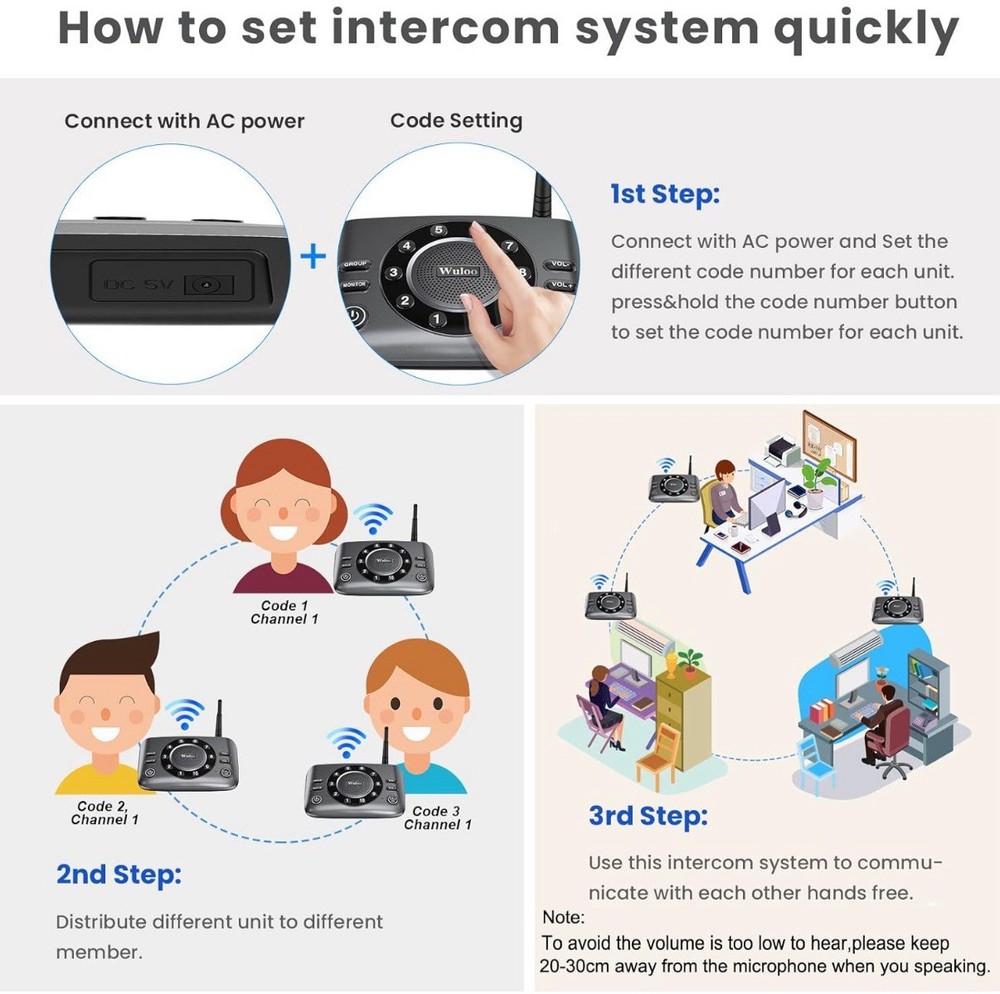 Wuloo S600-P2 Black Gray Wireless Full Duplex Intercom System 2 Pack