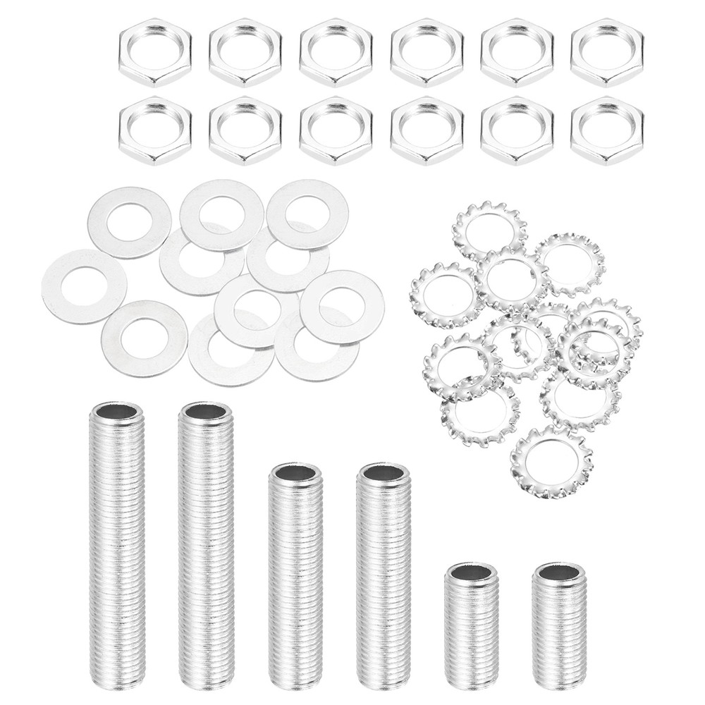 42Pcs 3 Size 1/4IP Lamp Pipe Kit with Lock Nuts Washers for Assembly, Silver