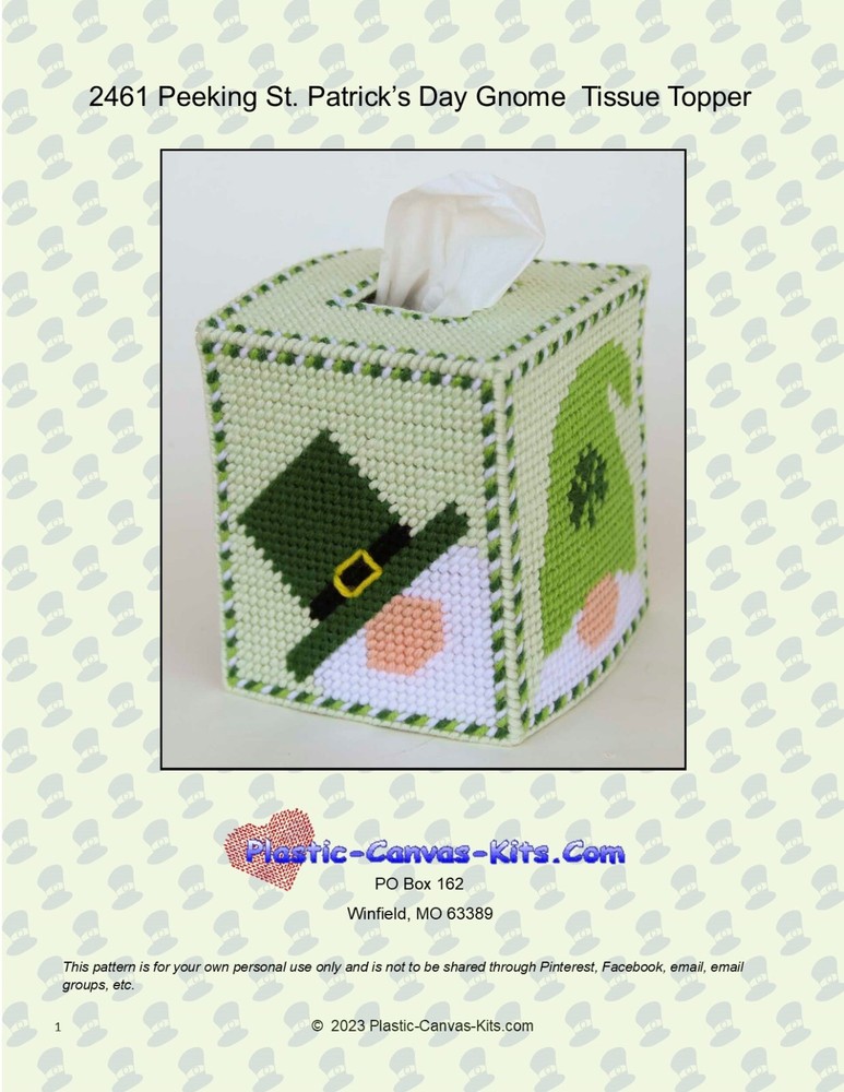 St. Patrick's Day Peeking Gnome Tissue Topper-Plastic Canvas Pattern or Kit