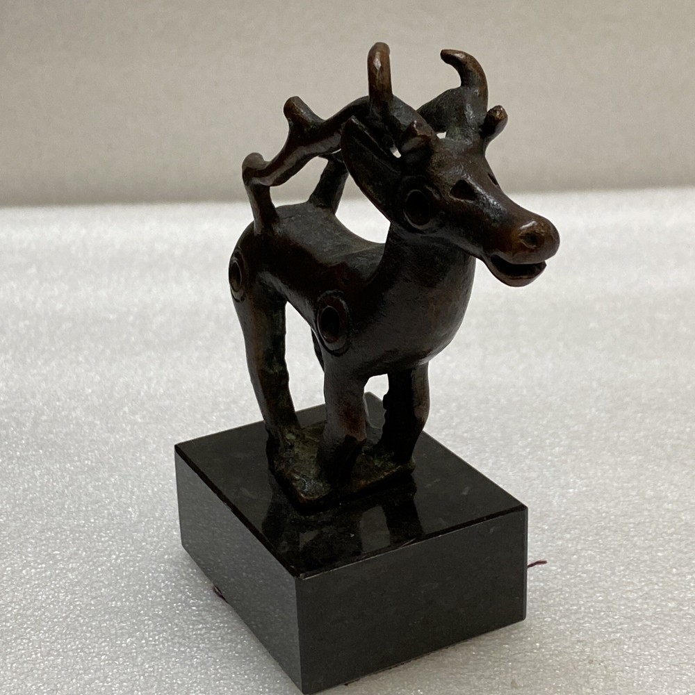 SMALL VINTAGE SIGNED BRONZE ELK or REINDEER STATUE DATED 1978 MARBLE BASED
