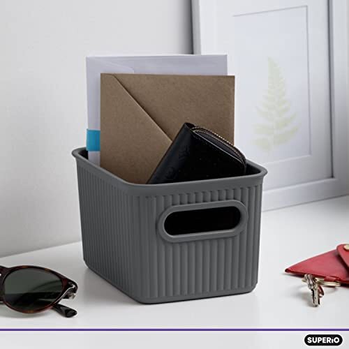 Superio 1.5 L Mini Ribbed Storage Bin- Plastic Storage Basket (Grey, 8 Pack)