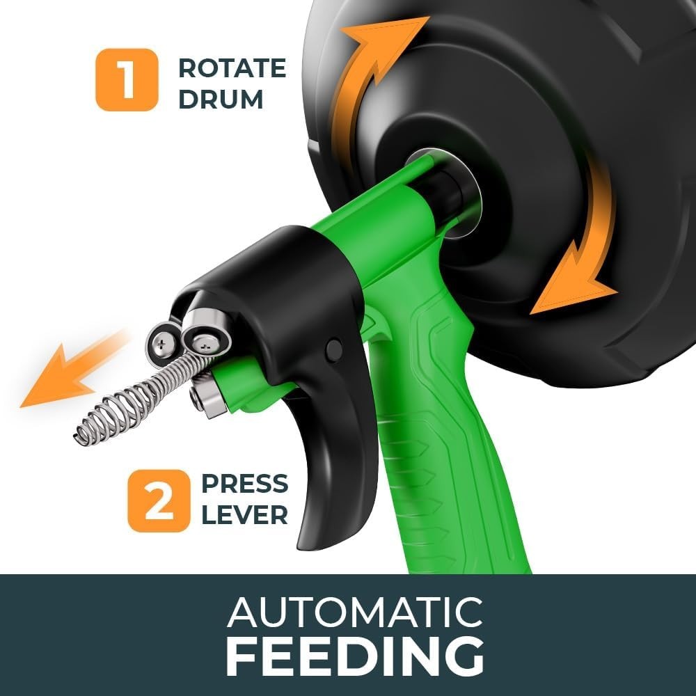 Eco-Friendly 25FT Drain Snake with Automatic Feeding & Video Instructions