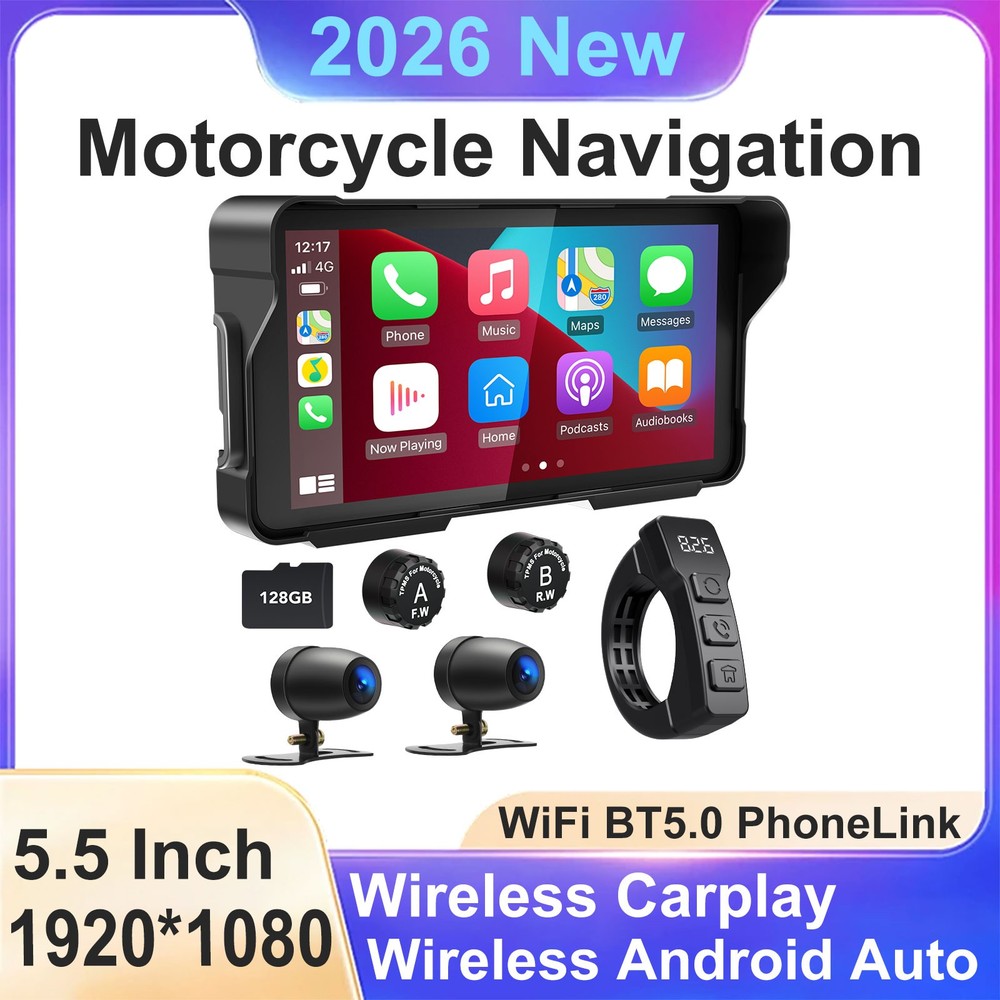 Motorcycle TPMS Carplay 5.5" Android Auto Dash Cam Waterproof GPS Navigation /BT