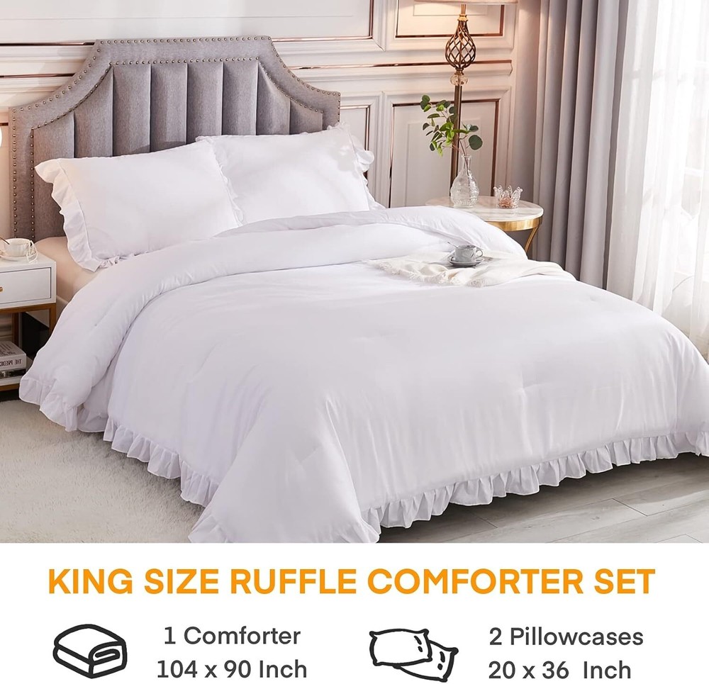 White Comforter Set, 3-Piece Solid Color Comforter Set, Down Alternative Set