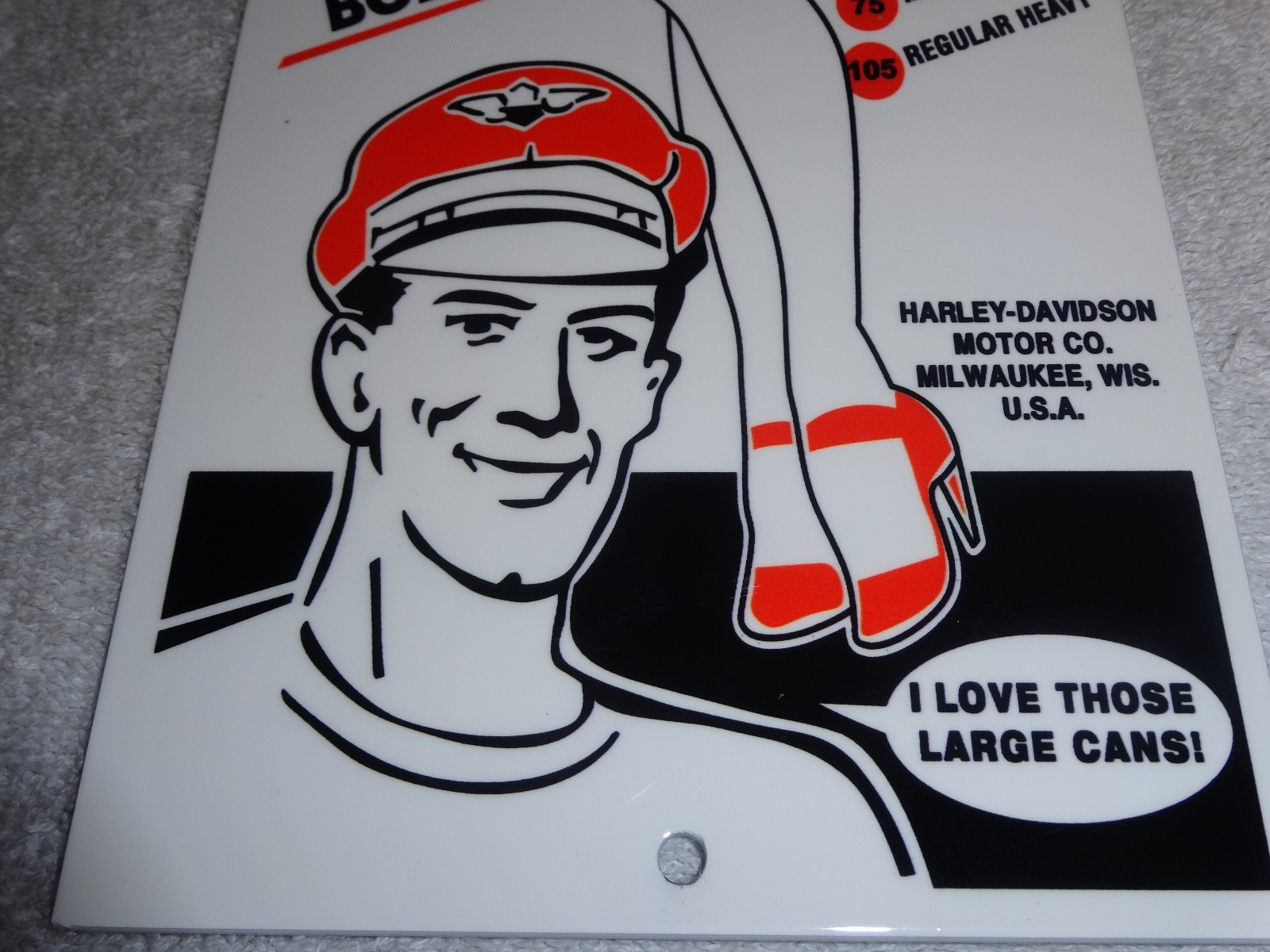 VINTAGE HARLEY DAVIDSON MOTORCYCLES WOMAN W/ LG OIL CANS 15" METAL GASOLINE SIGN