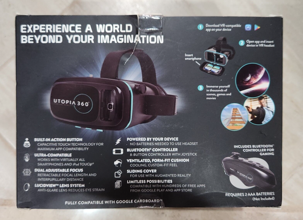 New UTOPIA 360 VIRTUAL REALITY 3D HEADSET WITH BLUETOOTH CONTROLLER ReTrak ETVRC