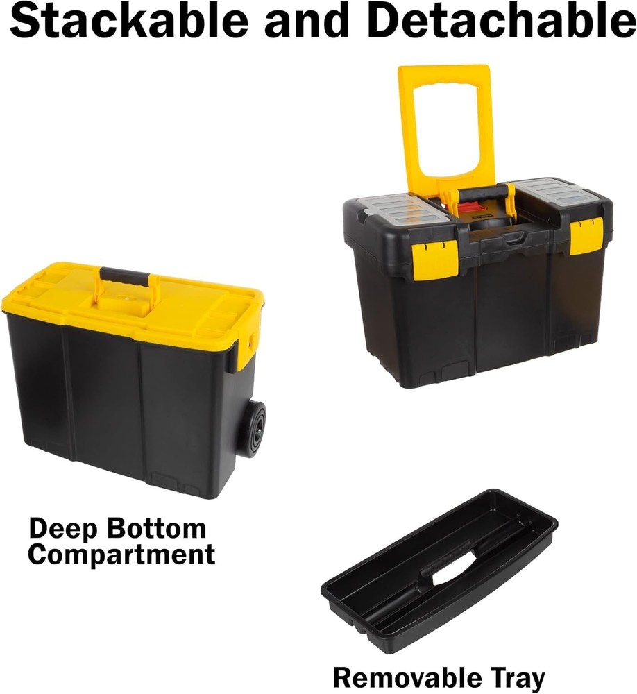 2-in-1 Portable Tool Box with Wheels Stackable Tool Chest Removable Tray
