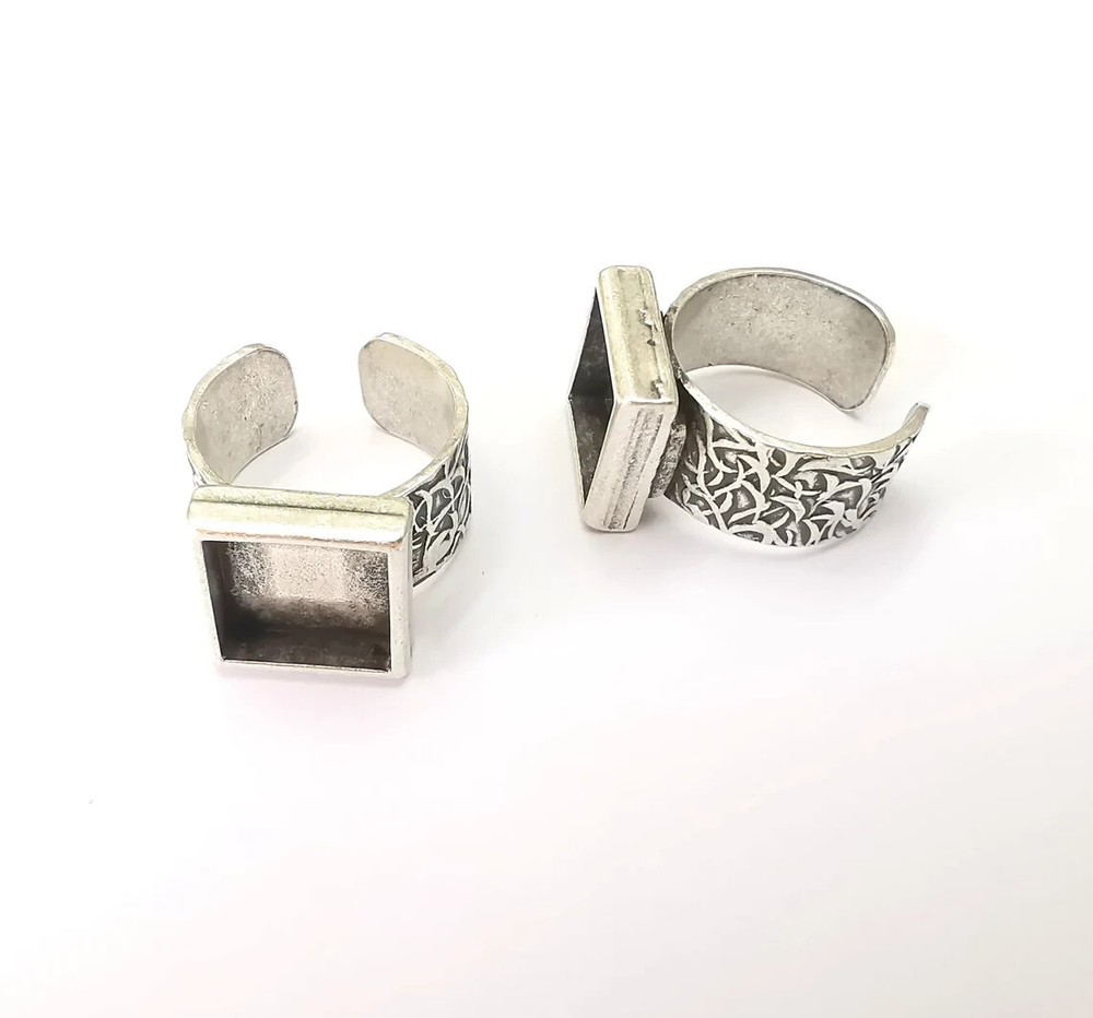 Square Antique Silver Ring Blank Settings, Cabochon Mounting Adjustable Resin